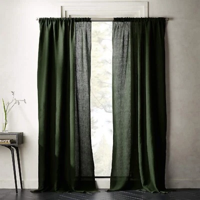 Linen curtain Forest green Color Living Room two panels Bedroom Curtain Set - Image 1 of 4