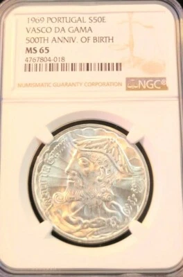 1969 PORTUGAL SILVER 50 ESCUDOS VASCO DA GAMA NGC MS 65 BEAUTIFUL SMOOTH GEM BU - Image 1 of 4
