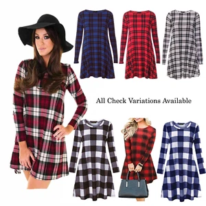 Womens Tartan Check Print Long Sleeve Swing Skater Dress Plus Size 8-26 - Picture 1 of 10