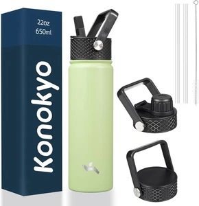 Insulated Water Bottle 24oz Stainless Steel Sport Bottle with 3 Lids, Green - Picture 1 of 6