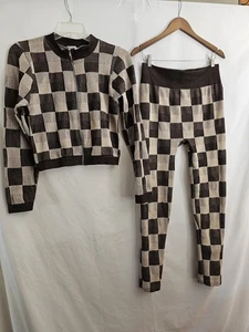 AQ Sport Plus Size 2X/3X Checkered Knit Lounge Set Jacket & Pants Brown Beige - Picture 1 of 7