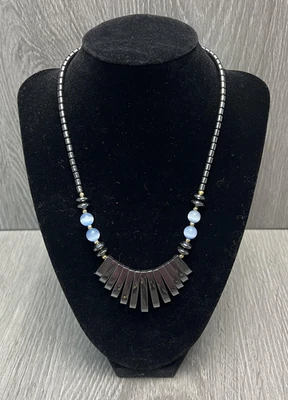 Collar babero abanico de hematita azul ojo de gato cuentas barril tornillo cierre cuello con cuentas Foto 1 de 4