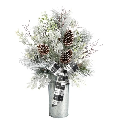 28" Frosted Greenery, Pinecone, Plaid Bow Artificial Christmas Decor in Tin Foto 1 de 2