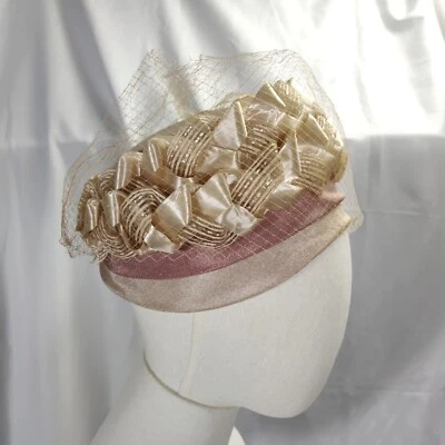 Vintage 50s Netted Pillbox Hat Size M Cream Purple Band Ribbon Trim Union Made - Image 1 of 4