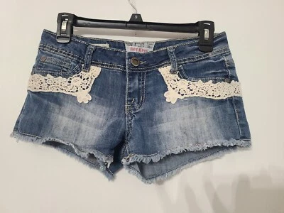 Hot Kiss Cici short Shorts Juniors size 3 Blue Denim Lace Trim Sexy! - Image 1 of 2
