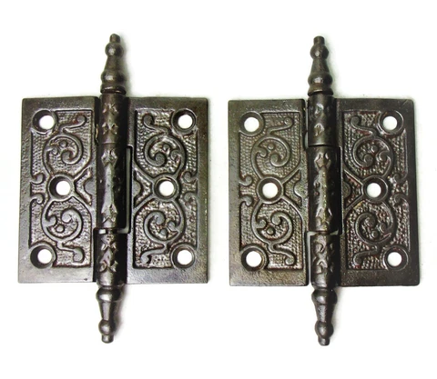 Pair Antique Ornate Eastlake Victorian Steeple Tip Door Hinges 3" x 3" Cover