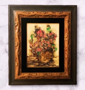 Bodegón floral Mid-Century 1965 rosa neón y verde de colección - original sobre lienzo - Imagen 1 de 14