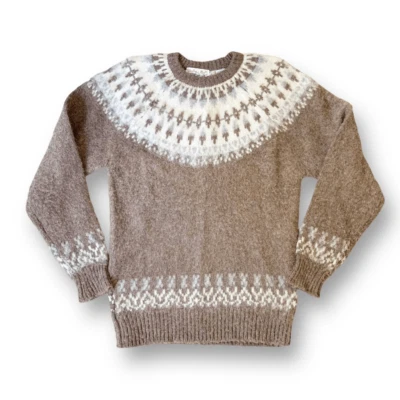 Vintage 80s Tally Ho Tan Cream Classic Fair Isle Shetland 100% Pure Wool Sweater - Image 1 of 4