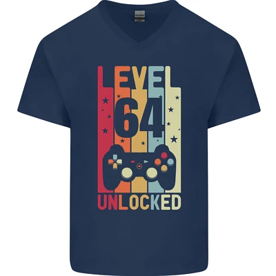 64th Cumpleaños 64 Años Level Up Gamming Hombre Cuello En V Camiseta Algodón - Imagen 1 de 4
