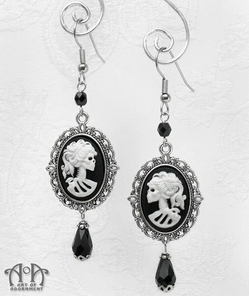 Gothic Punk Lolita LADY SKELETON CAMEO EARRINGS Skull White Black Silver Beaded - Image 1 of 2