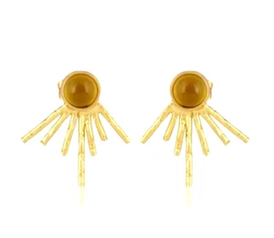 Gemstone Sunrise Stud Earrings Gold Plated Cute Tiny Earring With Chalcedony - Picture 1 of 6