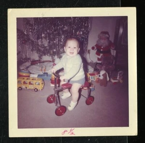 Vintage Christmas Photo TODDLER RIDES NEW SCOOTER ON CHRISTMAS MORNING TOYS TREE - Picture 1 of 1
