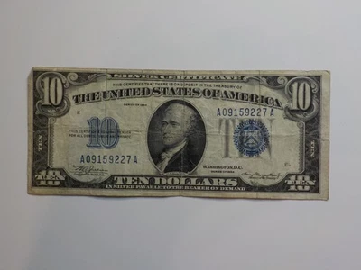 Silver Certificate 1934 10 Dollar Bill Paper Money One Currency Blue Seal Note  - Image 1 of 2