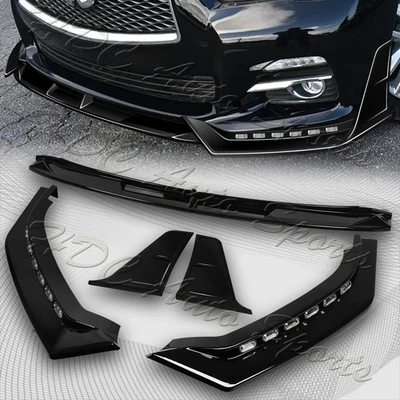 For 14-17 Infiniti Q50 Luxe Painted Black LED Sequential Lights Front Bumper Lip - Image 1 of 4