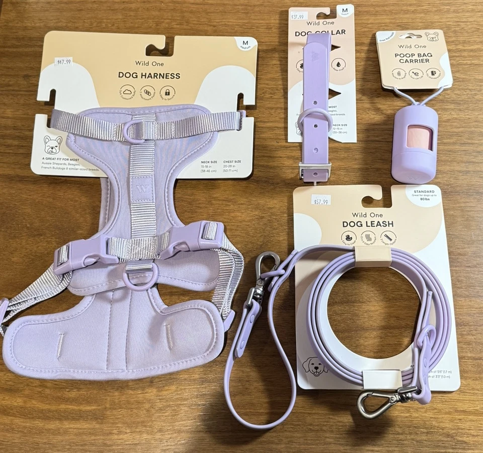 Wild One Dog Harness Collar Leash & Poop Bag MEDIUM Purple ALL L K