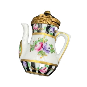 Vintage Limoges France Porcelain Mini 2" Teapot Trinket Box Floral Striped Fancy - Picture 1 of 9