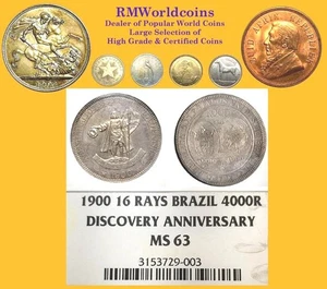 Brazil 1900 4000 Reis Rare Commemorative NGC 63 Full Detail, Mintage 6,850 pcs - Picture 1 of 2