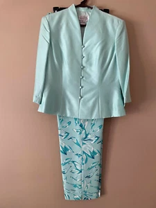 Adrianna Papell 100% Silk Aqua Floral Blue 2 pc Spring Pant Suit Beaded Sz 8 - Picture 1 of 11