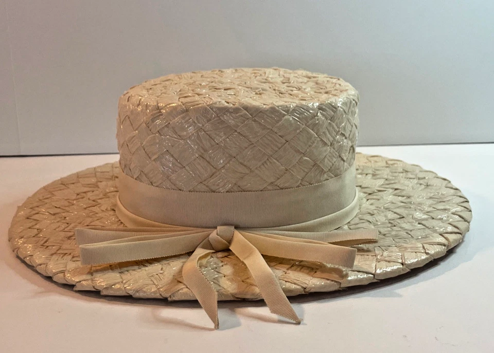 Leslie James Wide Brim Hat Straw Off White W/ Hat Box  - Image 1 of 4