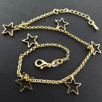 Anklet Bracelet 18K Yellow Gold GF Solid Star Charm Bead Link Design 22-25cm - Image 1 of 3