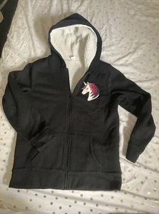 Old Navy Fleece Black Unicorn Hooded Jacket w/Pockets & Fleece Girls Size XL 14 - Picture 1 of 9