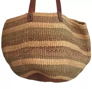 BORSA KIONDO AFRICANA VINTAGE TRACOLLA IN PELLE INTRECCIATA SISAL MARKET TOTE HOBO 17"x11" - Foto 1 di 19