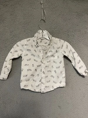 Janie & Jack Button Up Shirt Boys Size 3 White Tiger Print Long Sleeve Kids - Image 1 of 4