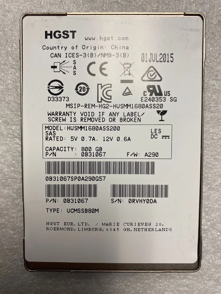HGST 800GB 12g SAS SSD Drive husmm1680ass200 12g - Image 1 of 1
