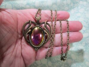 Rainbow Hematite Heart Pendant w/ Necklace 24" Ant. Brass Tone Cable Chain / B