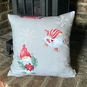 972. Skating Christmas Elves on Grey 100% Cotton Cushion Cover Various sizes - Picture 1 of 4