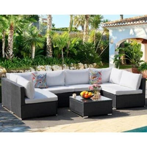 Unbranded Coversation Sectional Set 7-PC Wicker Rattan Outdoor + Beige Cushions - Picture 1 of 8