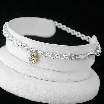 2 Tonos | DIJE CORAZÓN CRISTAL Plata EP y Oro 14K Ep Belcher Link 10" TOBILLERA NUEVO Foto 1 de 4