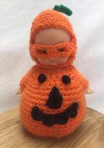 Vintage Crocheted Halloween Pumpkin Costume Child Plastic Figure Fall Holiday - Picture 1 of 10