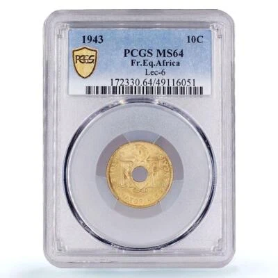 France East Africa 10 centimes Republic Coinage KM-4 MS64 PCGS brass coin 1943 - Image 1 of 2