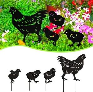 4 Pcs Metal Chicken Garden Statues, Hen and Chicks Silhouette Stakes, Ideal - Picture 1 of 7