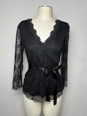 Vintage Black Lace Longe Sleeve Babydoll Top Bow Tie Front Women’s Medium Y2K - Image 1 of 4