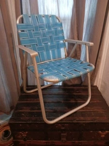 Vintage Klappstuhl Aluminium Webbett Rasenstuhl Classic Retro Blau Weiß - Bild 1 von 24