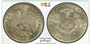 MONETA ARGENTO 1892 SO CILE 20 CENTAVOS PCGS MS62 - Foto 1 di 4