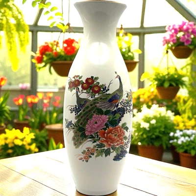 Japanese Peacock and Flowers Porcelain Vase Cream Color with Gold Trim 10.5" - Image 1 of 4