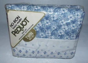 NOS Vintage bügelfrei LUXUS MUSSELIN Pequot Twin Sheet Set Morning Breeze blau - Bild 1 von 10