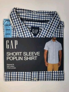 Gap NWT Men's Short Sleeve Button Front Poplin Shirt Blue Check Size Large - Picture 1 of 6