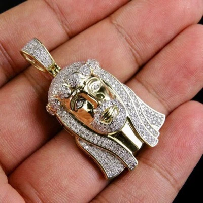 Мужской кулон с изображением лица Иисуса из желтого золота 14 карат с имитацией бриллианта 1,20 карата 1,75 дюйма - Изображение 1 из 4