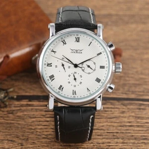 JARAGAR Men Automatic Mechanical Watch White/Black Dial Leather Band Wristwatch - Picture 1 of 15