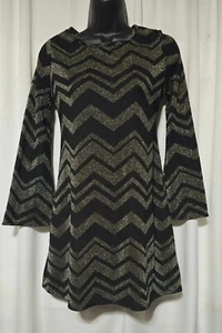 Amy Byer Girls Long-Sleeve Black & Gold Chevron Glitter Dress Size XLarge (16) - Picture 1 of 9