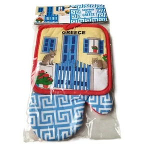 Greece Souvenir Oven Mitt Potholder Set NEW Blue Greek Key Cats Design Kitchen - Picture 1 of 6