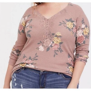Torrid Waffle Knit Henley Top Size 1X Lace Thermal V-Neck Tunic Cottagecore Boho - Picture 1 of 11