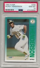 1992 FLEER #258 RICKEY HENDERSON, PSA 10 GEM MINT, HOF, OAKLAND ATHLETICS, L@@K