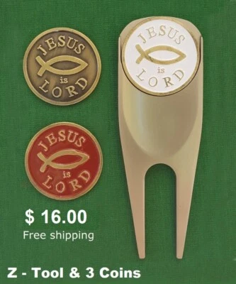 CMC Christian - 3 Jesus is Lord Golf ball markers + 1 divot repair Z-tool