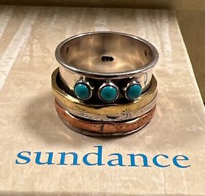 NWT Sundance Catalog Silver Copper Brass Turquoise “Rocky River Ring” Size 8.5