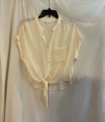 Olivaceous Womens Medium Tan Cream Striped Button Front Tie Short Sleeve Blouse - Image 1 of 4